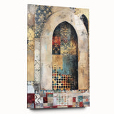 Abstract architecture wall art design displayed on acrylic glass, showcasing geometric shapes in vibrant colors, ideal for modern home decor. The sleek side view highlights its contemporary aesthetic, perfect for enhancing any interior space.