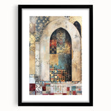 Abstract architecture wall art featuring geometric shapes and lines in a black frame with a white mat, ideal for modern home decor and artistic interiors.