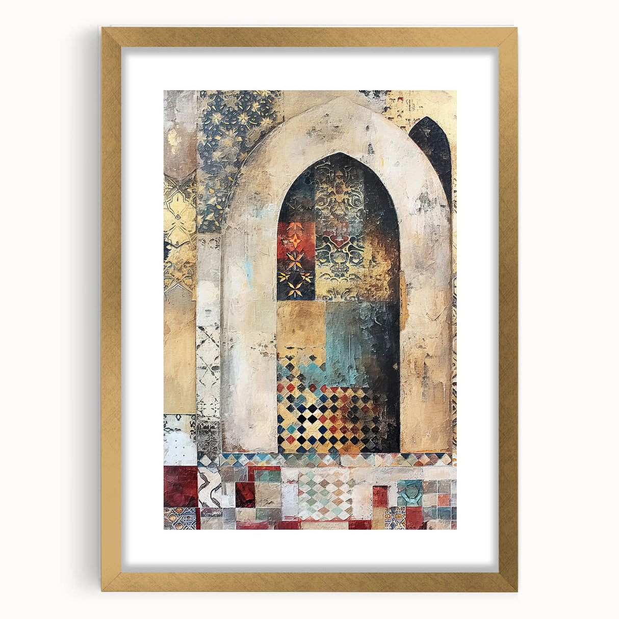 Abstract architectural wall art framed in gold, showcasing geometric shapes and neutral tones, perfect for modern home decor. The artwork features a sleek design that enhances any interior space.
