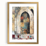 Abstract architectural wall art framed in gold, showcasing geometric shapes and neutral tones, perfect for modern home decor. The artwork features a sleek design that enhances any interior space.
