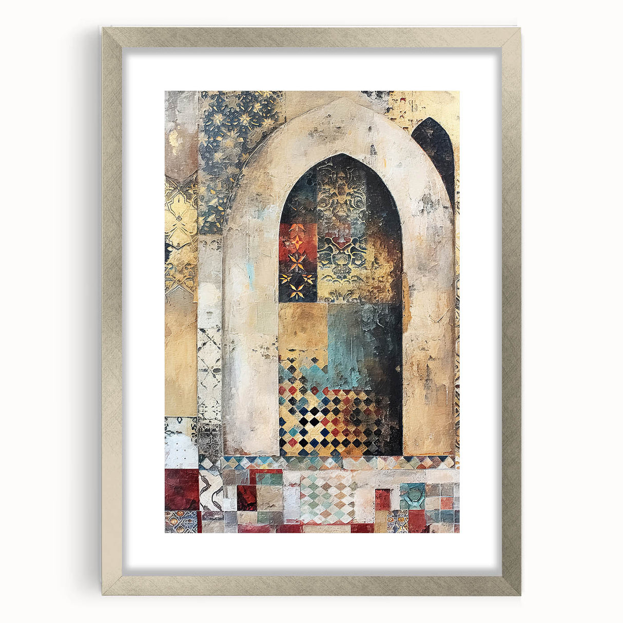 Abstract architecture wall art framed in silver with a mat, showcasing geometric shapes and a modern aesthetic, perfect for contemporary home decor.