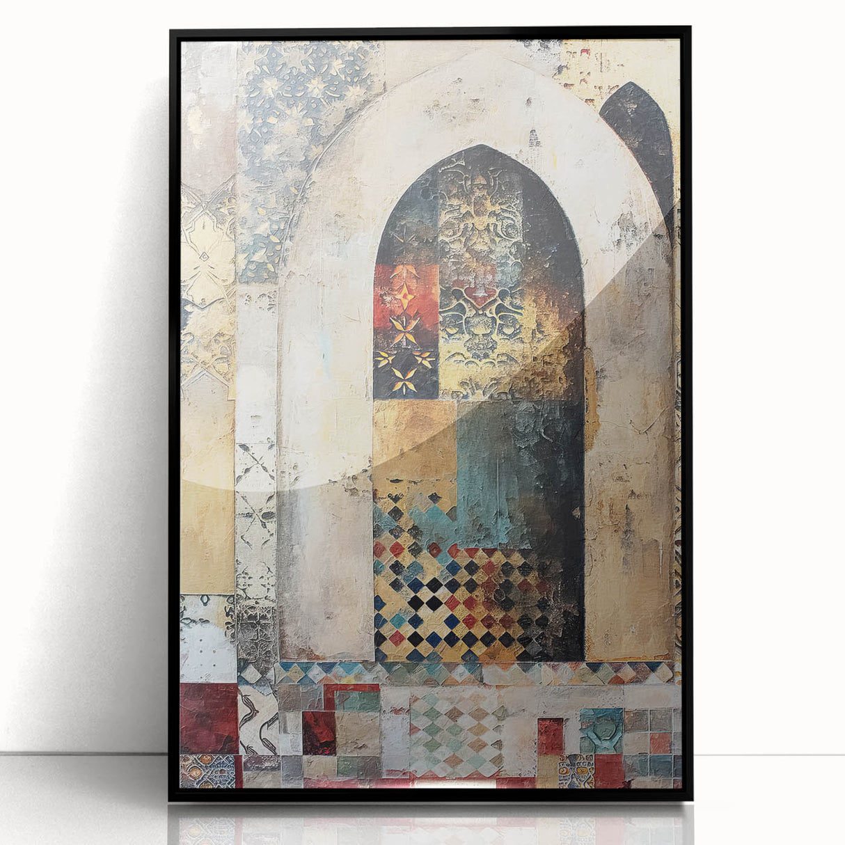 Framed wall art showcasing an abstract architectural design with bold black and white geometric shapes, ideal for modern home decor. The acrylic frame adds a sleek touch to any living space.