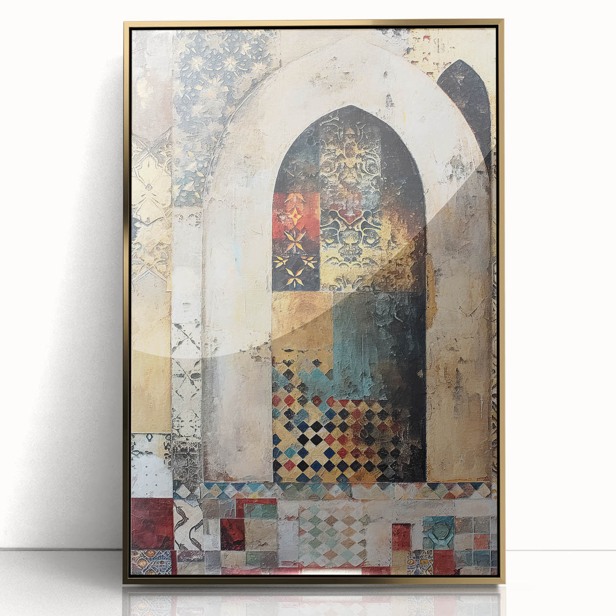 Framed abstract architecture wall art featuring gold accents on a sleek acrylic surface, showcasing modern design elements, perfect for contemporary decor.