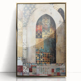 Framed abstract architecture wall art featuring gold accents on a sleek acrylic surface, showcasing modern design elements, perfect for contemporary decor.