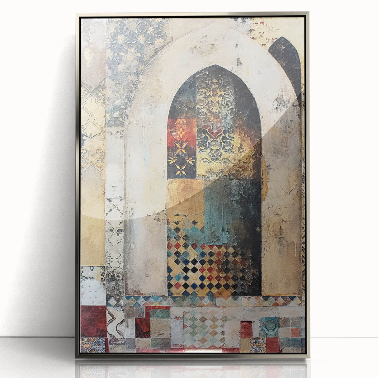 Framed abstract architecture wall art in silver tones, showcasing intricate geometric patterns with a sleek acrylic finish, perfect for modern decor.