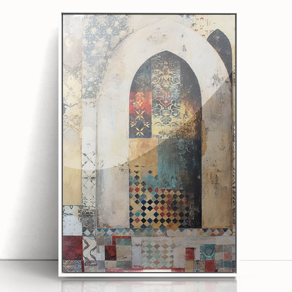 Abstract architectural wall art framed in white acrylic, showcasing geometric shapes and vibrant colors, perfect for modern home decor. The design evokes a sense of depth and creativity, making it an eye-catching focal point for any room.