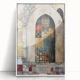Abstract architectural wall art framed in white acrylic, showcasing geometric shapes and vibrant colors, perfect for modern home decor. The design evokes a sense of depth and creativity, making it an eye-catching focal point for any room.