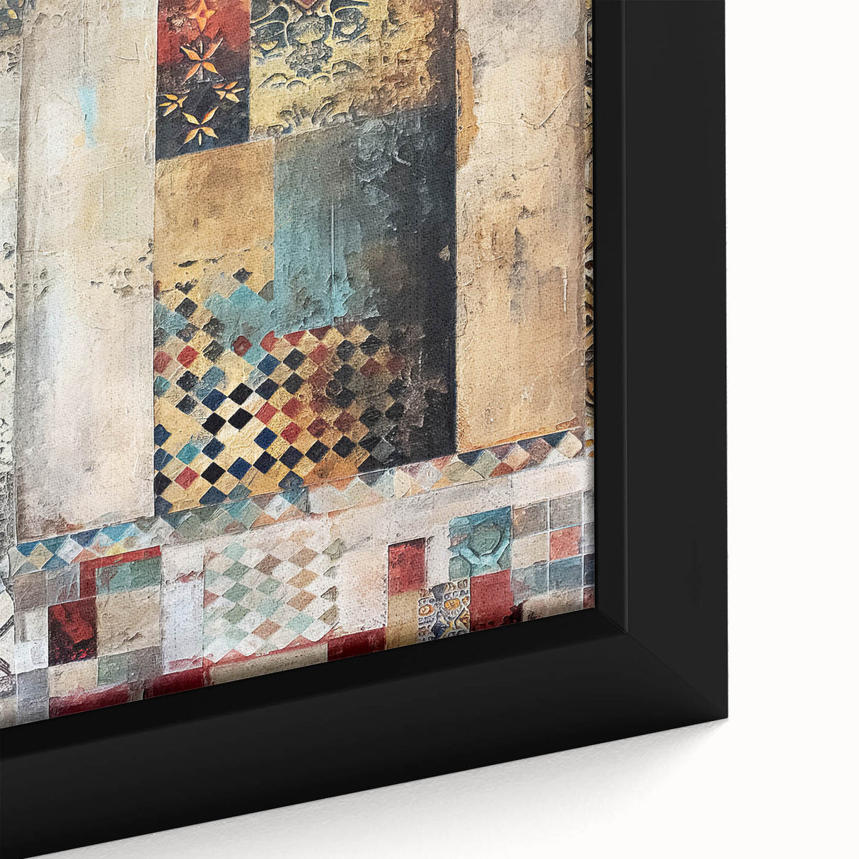 Close-up of a framed abstract architecture wall art piece, showcasing intricate geometric patterns in vibrant blue and gold hues, perfect for modern interior decor.