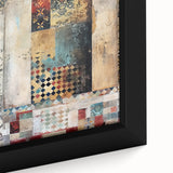 Close-up of a framed abstract architecture wall art piece, showcasing intricate geometric patterns in vibrant blue and gold hues, perfect for modern interior decor.