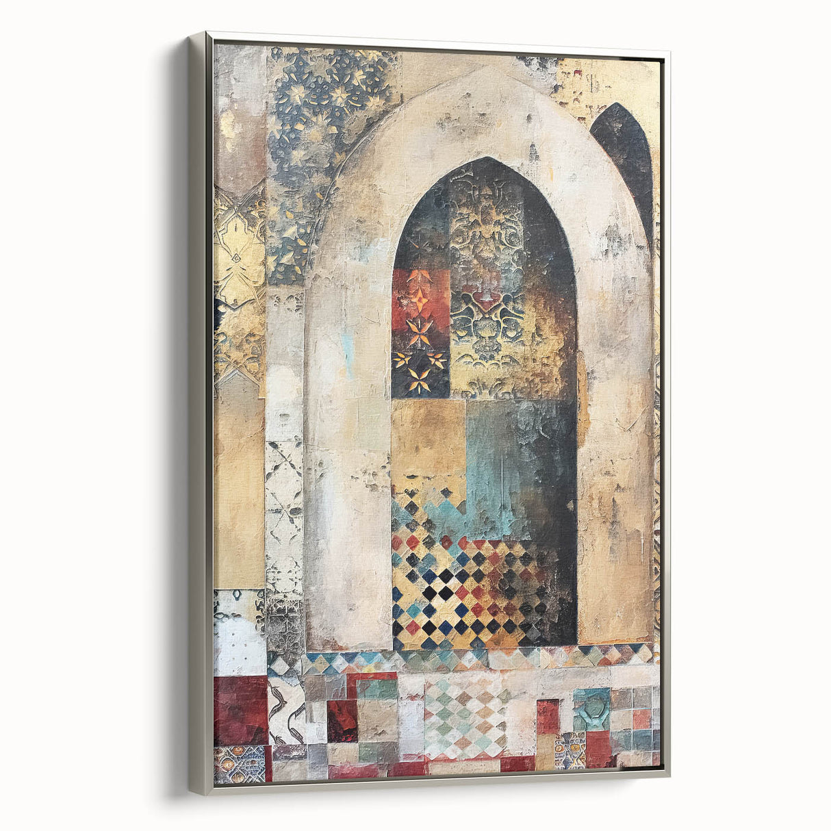 Framed abstract architecture wall art in silver, showcasing geometric shapes and modern design elements, perfect for contemporary decor.