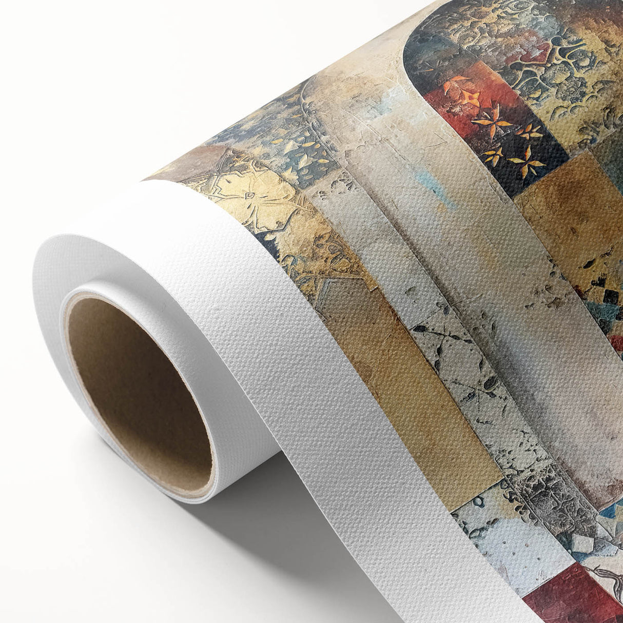 Abstract architectural wall art on rolled canvas, showcasing dynamic geometric shapes and vibrant colors, ideal for modern home decor. The artwork is packaged securely in a sturdy cardboard tube, ensuring safe delivery.