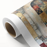 Abstract architectural wall art on rolled canvas, showcasing dynamic geometric shapes and vibrant colors, ideal for modern home decor. The artwork is packaged securely in a sturdy cardboard tube, ensuring safe delivery.
