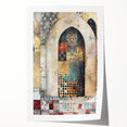 Abstract architecture wall art print showcasing geometric shapes in bold colors of blue, orange, and yellow, ideal for modern home decor, rolled and ready for framing.
