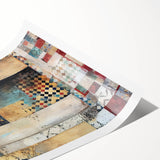 Abstract architectural wall art print showcasing geometric shapes in vibrant colors, rolled and ready for display. Ideal for modern interior decor.