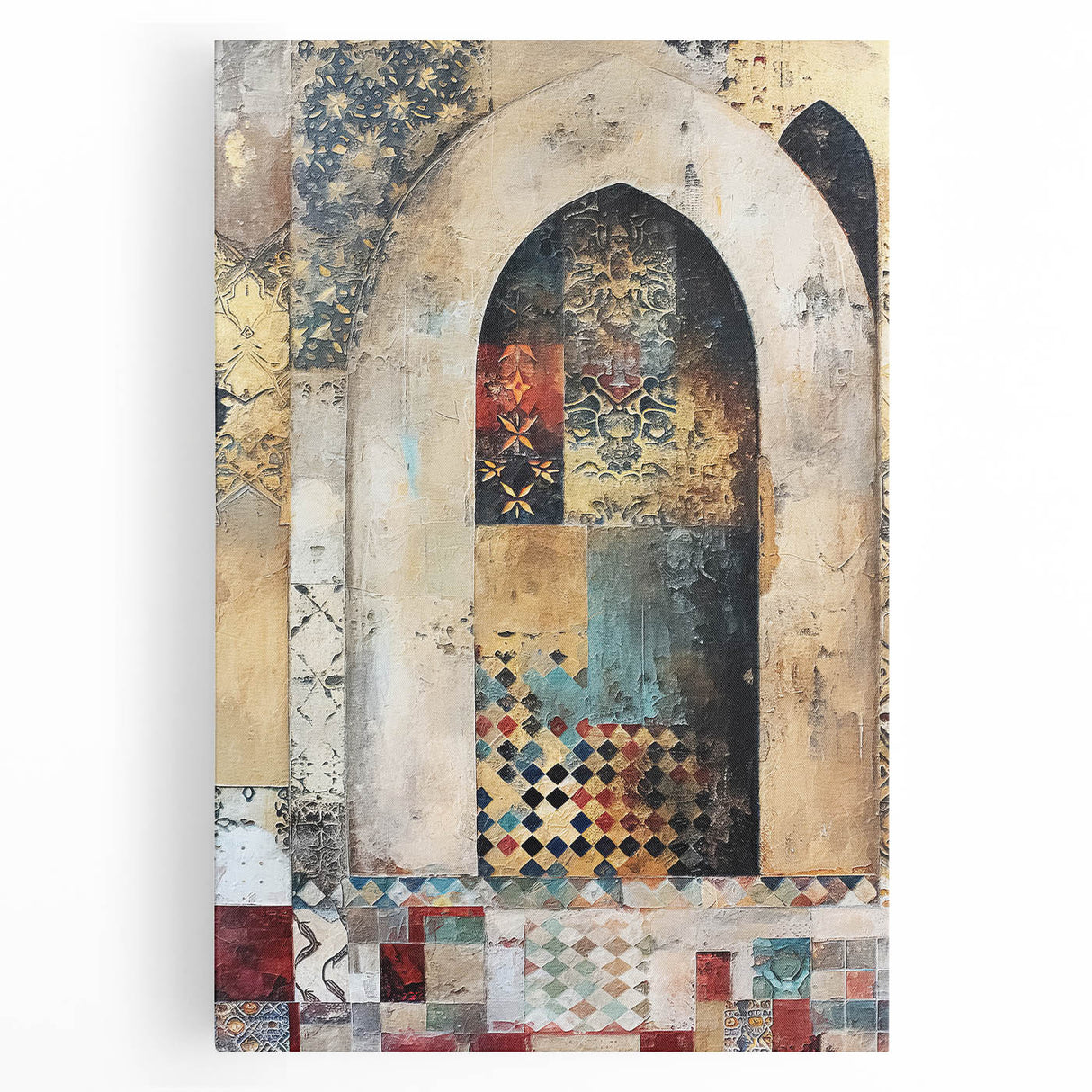 Abstract architectural wall art design on stretched canvas showcasing geometric shapes in vibrant blues and yellows, perfect for modern home decor.