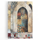 Abstract architectural wall art design on stretched canvas showcasing geometric shapes in vibrant blues and yellows, perfect for modern home decor.
