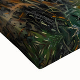 Close-up of a vibrant abstract figurative wall art piece, showcasing bold colors and dynamic shapes on a stretched canvas, perfect for modern home decor.