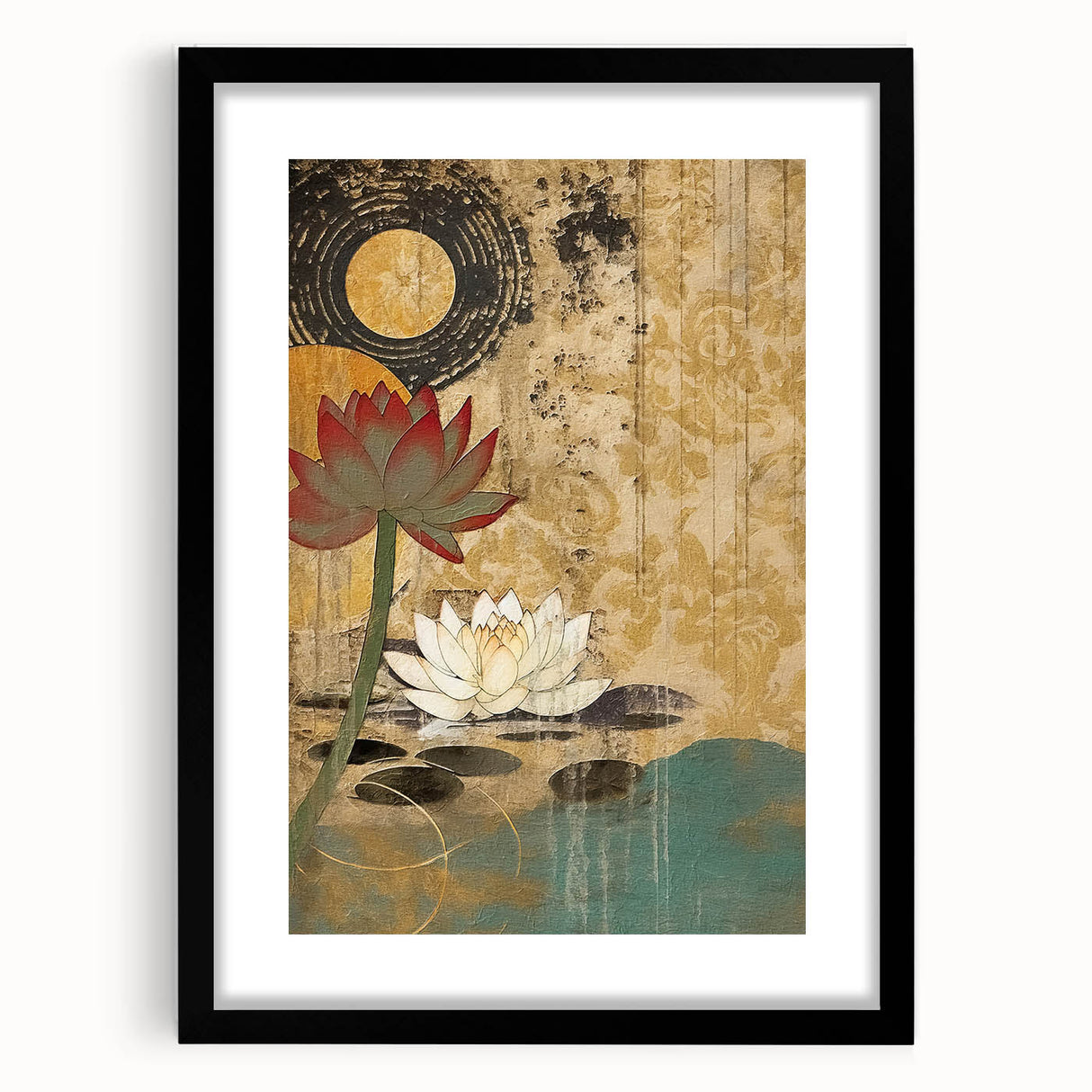 Abstract floral wall art print in a black frame with a mat, showcasing vibrant colors and intricate designs, perfect for enhancing modern home decor.