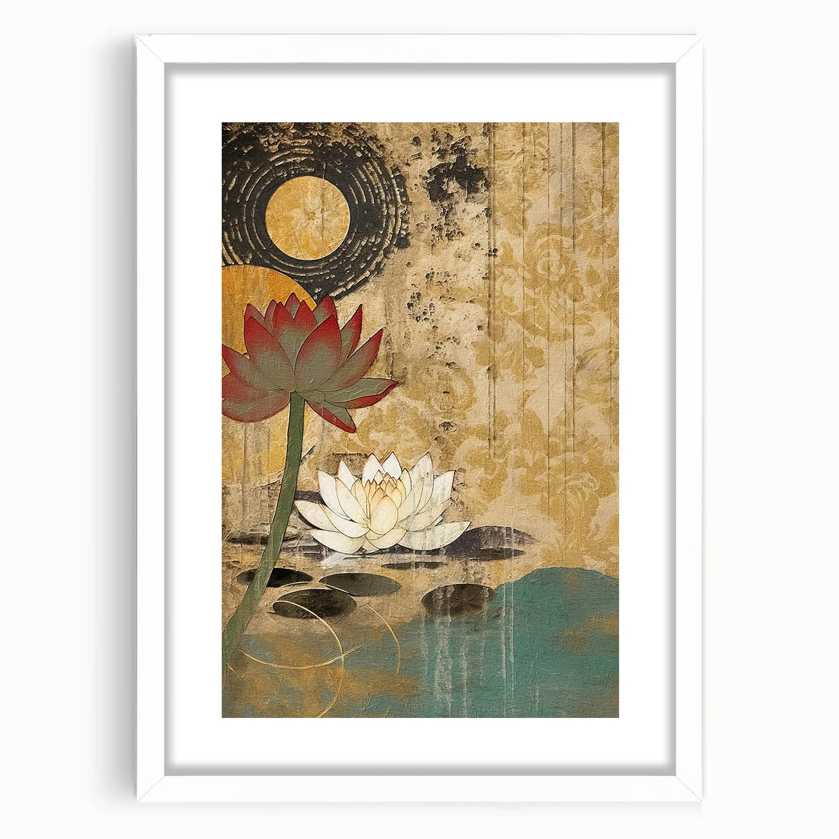Abstract floral wall art framed with a white mat, showcasing vibrant colors and intricate designs, perfect for modern home decor. Ideal for adding a touch of elegance to any room.