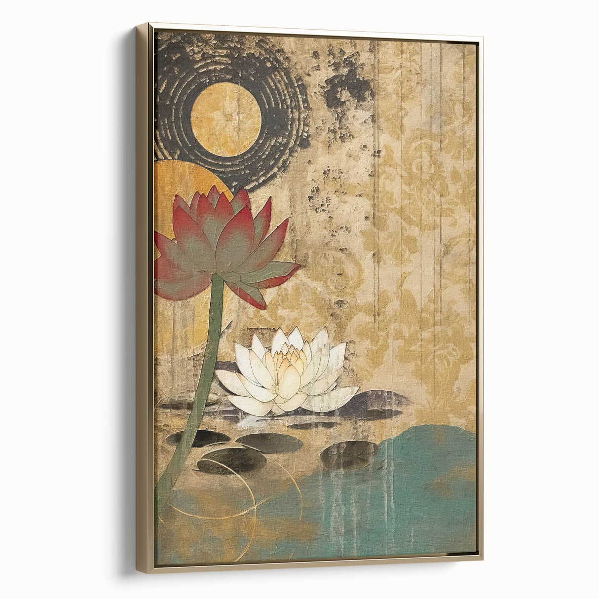 Framed canvas wall art showcasing abstract floral designs in vibrant gold and soft pastels, enhancing modern interior decor with a touch of elegance.