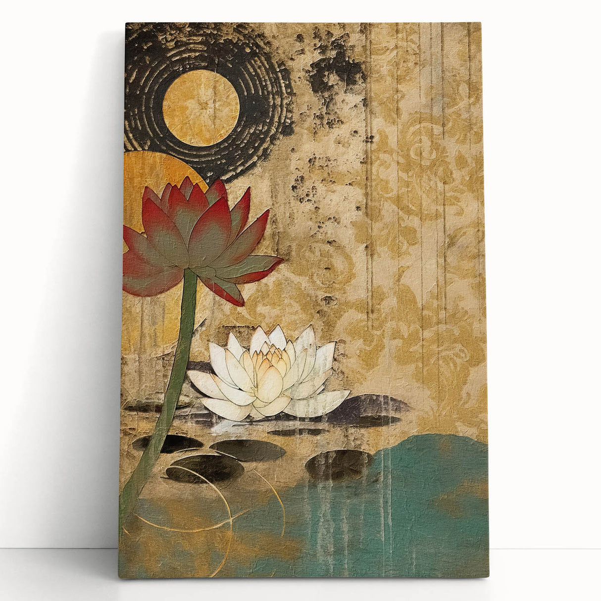 Abstract floral wall art on stretched canvas, showcasing vibrant colors and intricate designs, leaning against a neutral backdrop, perfect for modern decor.