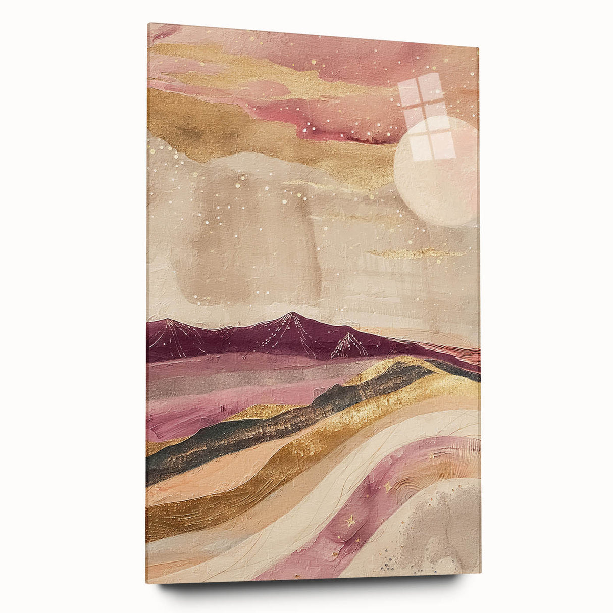 Abstract landscape wall art design displayed in a side view, showcasing vibrant colors and modern acrylic glass framing, ideal for contemporary home decor.