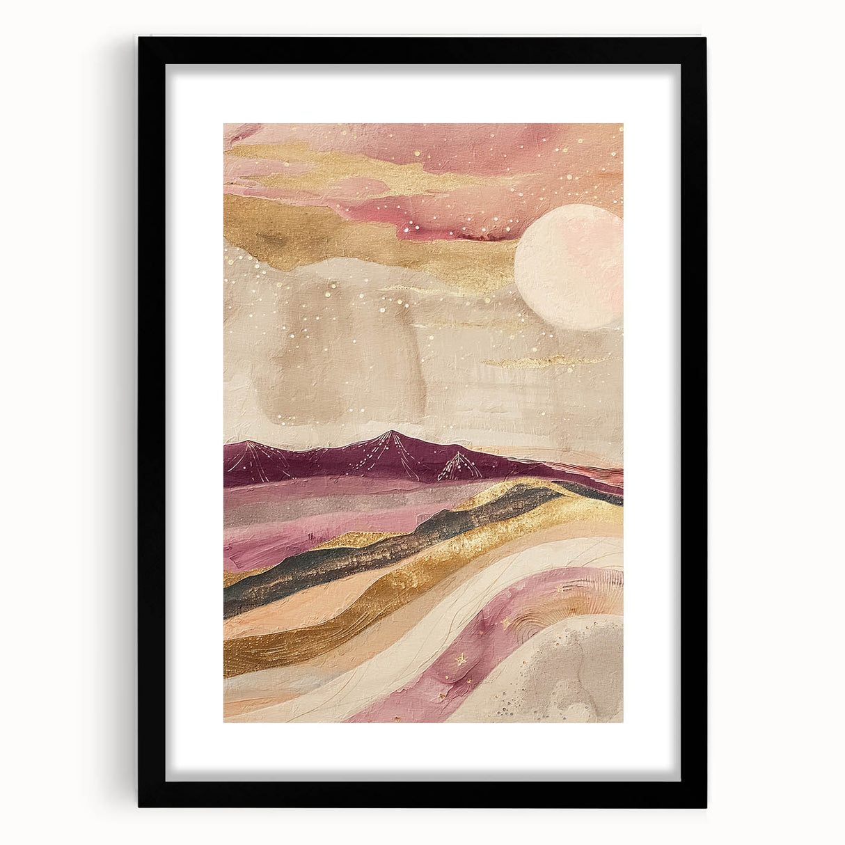 Abstract landscape wall art framed in black, featuring vibrant colors and geometric shapes, perfect for modern home decor and artistic interiors.
