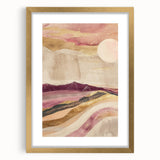 Abstract landscape wall art framed with a gold mat, showcasing vibrant colors and unique textures, perfect for modern home decor or gallery wall arrangements.