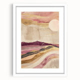 Abstract landscape wall art framed in white with a mat, showcasing vibrant colors and geometric shapes, ideal for modern home decor and interior design.