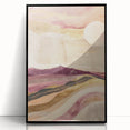 Framed abstract landscape wall art featuring vibrant colors and geometric patterns, set against a sleek black frame, ideal for modern home decor.