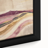 Abstract landscape wall art featuring vibrant hues of blue, green, and gold, framed in a sleek black frame, showcasing a modern aesthetic perfect for home decor.