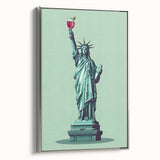 Framed canvas depicting a vintage poster-style landscape art painting with colorful elements on a black background.