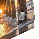 Close-up of a vibrant acrylic landscape artwork depicting serene beaches with soft waves, showcasing rich colors and intricate details for home decor.