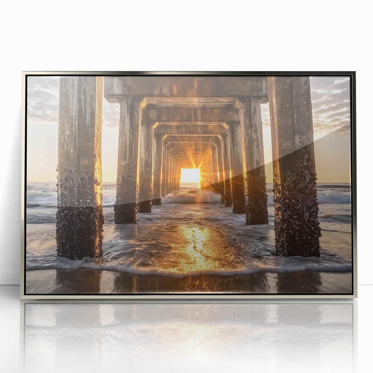 Framed acrylic artwork showcasing a serene beach landscape with silver accents, perfect for coastal-themed decor. Ideal for adding a calming touch to any room.