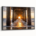 Framed landscape canvas print showcasing a serene beach scene with vibrant colors, featuring a black frame and side view to highlight its elegant design.