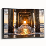Framed landscape canvas print showcasing a serene beach scene with vibrant colors, featuring a black frame and side view to highlight its elegant design.