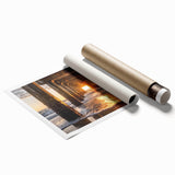 Stunning landscape print showcasing a serene beach scene with soft waves, vibrant blue skies, and golden sands, rolled for easy transport and display.