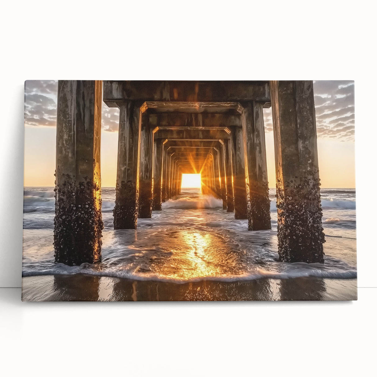 Stretched canvas artwork showcasing a vibrant beach landscape with soft waves and golden sands, ideal for coastal-themed decor in homes or offices.