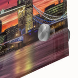 Close-up of a vibrant acrylic glass landscape artwork depicting a serene bridge over a tranquil body of water, showcasing rich colors and intricate details, perfect for home decor.