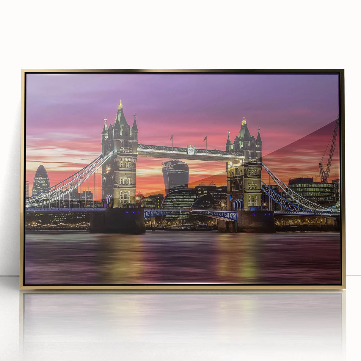 Framed acrylic artwork depicting a vibrant landscape bridge scene in gold tones, elegantly displayed against a neutral background, perfect for modern home decor.