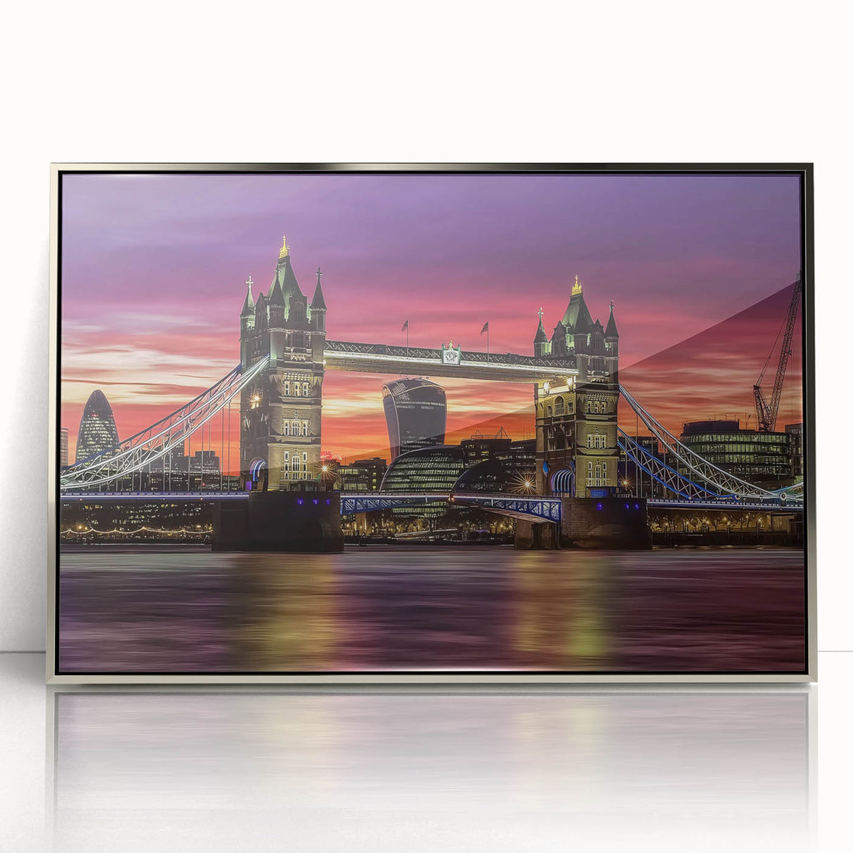 Framed acrylic artwork of a modern landscape bridge in silver tones, showcasing intricate details and vibrant colors, ideal for contemporary home decor.
