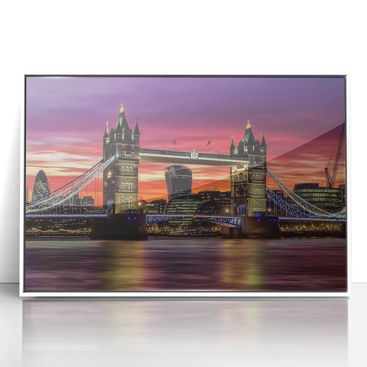 Framed acrylic artwork depicting a serene landscape with a bridge, showcasing vibrant colors and intricate details, perfect for home decor enhancement.