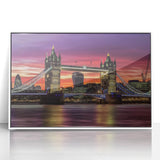 Framed acrylic artwork depicting a serene landscape with a bridge, showcasing vibrant colors and intricate details, perfect for home decor enhancement.