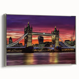 Framed canvas artwork showcasing a stunning landscape of a bridge, presented in a sleek silver frame, emphasizing vibrant colors and intricate details. Ideal for enhancing modern home decor.