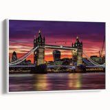 Framed canvas artwork depicting a serene landscape bridge, featuring lush greenery and a peaceful river, presented in a sleek white frame, ideal for home decor.