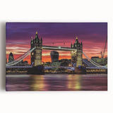 Stretched canvas artwork depicting a serene landscape with a bridge over a tranquil river, featuring vibrant greens and soft blues, ideal for home decor.