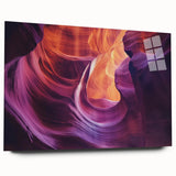 Acrylic glass landscape artwork showcasing colorful canyons in a vibrant sunset view, designed without pins for a sleek, modern presentation. Ideal for contemporary decor.
