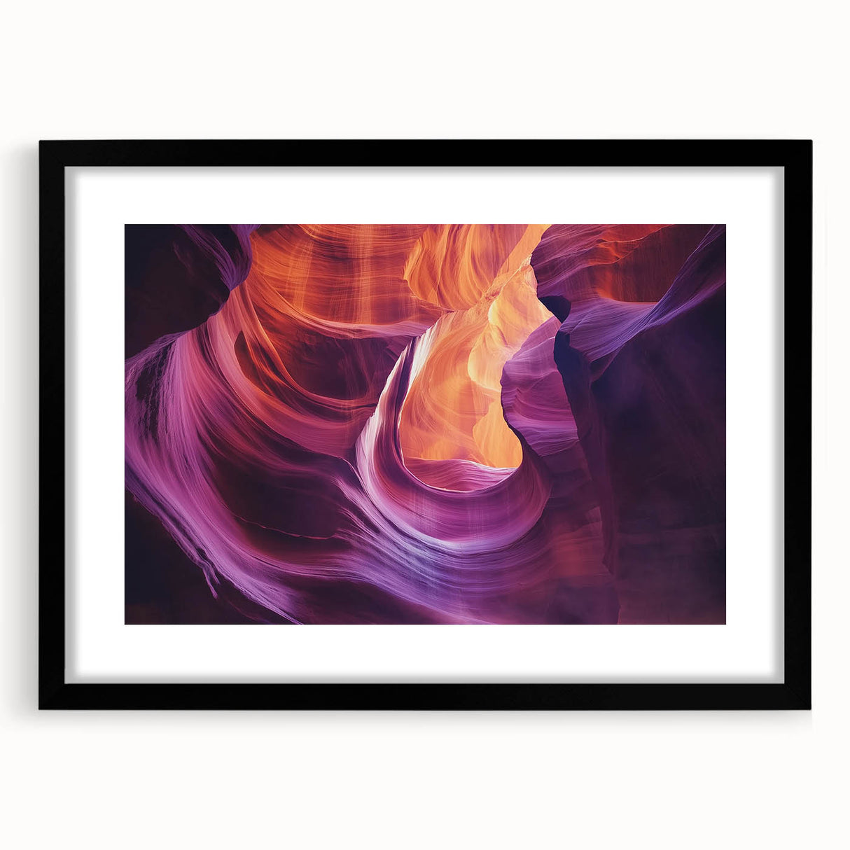 Landscape artwork featuring a stunning view of canyons, framed in a sleek black frame with a mat, ideal for enhancing modern home decor. This piece showcases vibrant earthy tones and intricate details, perfect for nature lovers and art enthusiasts.