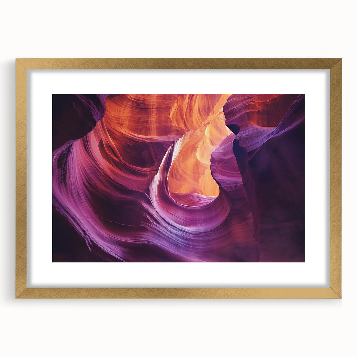 Landscape canyon frame with mat in gold, showcasing a stunning view of vibrant rock formations under a blue sky, perfect for modern home decor.
