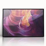 Framed acrylic landscape artwork showcasing vibrant canyons in rich earth tones, presenting a stunning black frame that enhances its natural beauty, ideal for home decor.